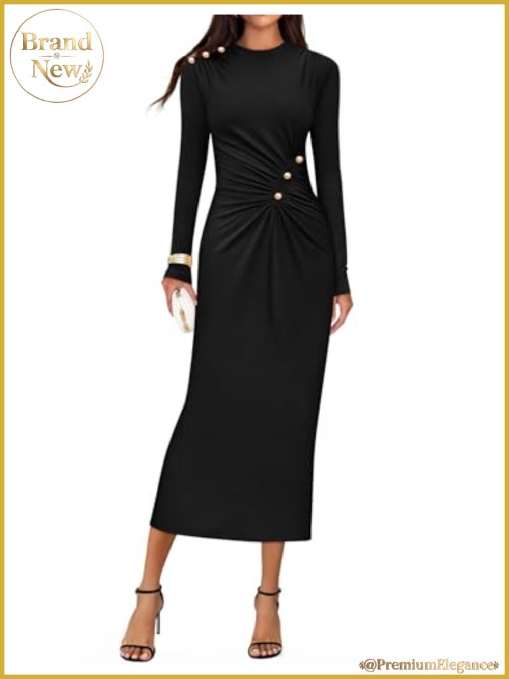 Mock Neck Bodycon Midi Dress Long Sleeve Ruched Formal Knit